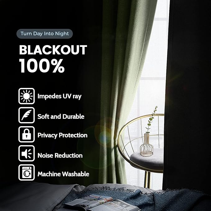 SimpleHome 100% Blackout Curtains for Bedroom,Thermal Insulated Sage Grommet Window Drapes Room Darkening Curtains for Living Room with Black Back,52 x 90 Inch,2 Panels