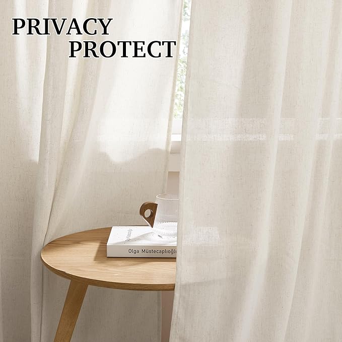 RYB HOME Linen Curtains 84 inches for Living Room, Semi Sheer Farmhouse Light Filtering Half Privacy Window Drapes for Bedroom Dining Room Nursery, Natural Beige, W 52 x L84 inches, 2 Panels