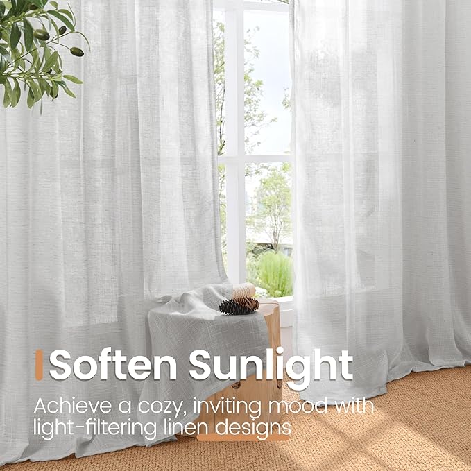 BGment Light Grey Linen Curtains 45 Inch Length for Short Window - Rod Pocket Small Drapes Textured Light Filtering for Cafe Bedroom Semi Sheer Lightweight Natural Rustic, 2 Panels Set, 42 X 45 Inch