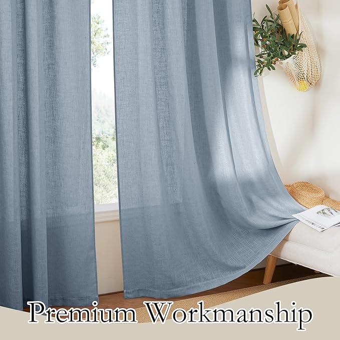 RYB HOME Semi Sheer Curtains for Small Window Doorway, Thick Linen Burlap Half Privacy Machine Washable Natural for Cafe Kitchen Glass Door, W 52 x L 45 inch, 2 Pcs, Dusty Blue