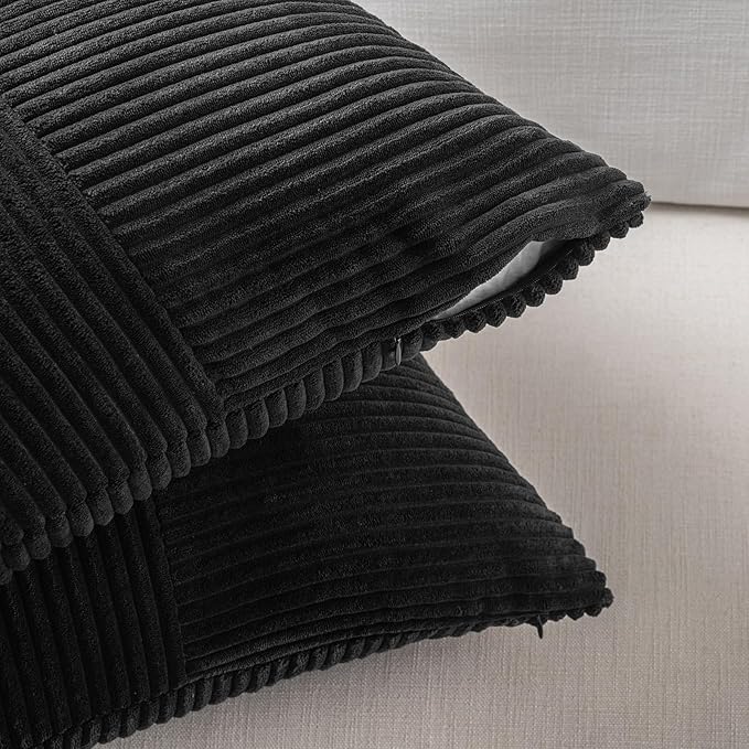 Fancy Homi 2 Packs Black Euro Decorative Throw Pillow Covers 28x28 Inch for Couch Bed Sofa, Rustic Farmhouse Boho Home Decor, Soft Corss Corduroy Patchwork Textured Square Cushion Case 71x71 cm