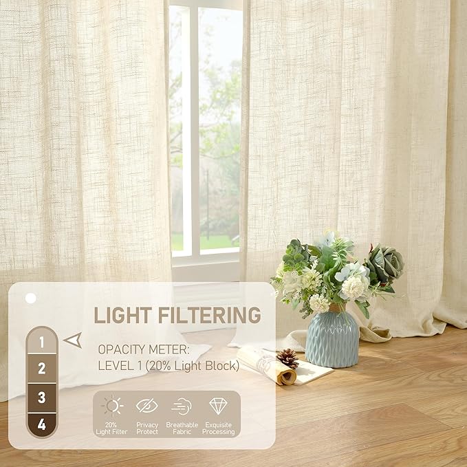 LAMIT Short Window Linen Curtains 45 Inch Length 2 Panels, Beige Light Filtering Panels Back Tab and Rod Pocket Neutral Drapes for Bathroom/Loft Room, 34 x 45 Inch