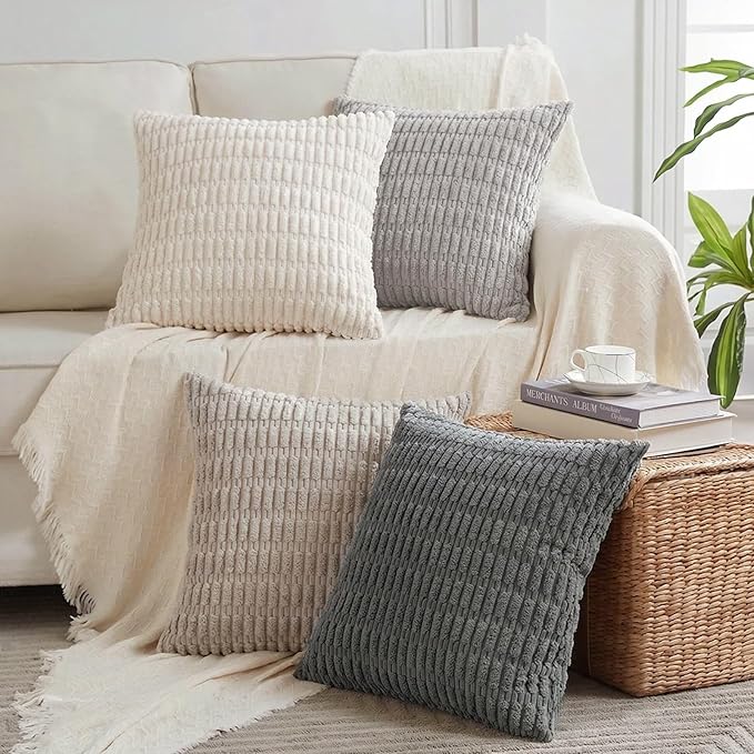 Fancy Homi Set of 4 Grey and White Decorative Throw Pillow Covers 12x12 Inch for Couch Bed Chair, Modern Farmhouse Boho Room Decor, Soft Fuzzy Double Sided Corduroy Textured Striped Cushion Case 30cm