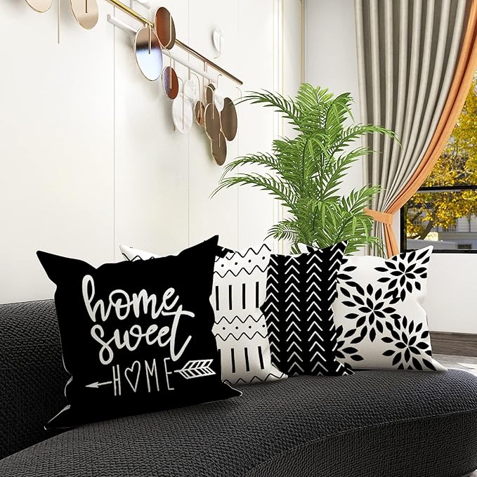 YCOLL Pillow Covers 16x16 Set of 4, Modern Sofa Throw Pillow Cover, Decorative Outdoor Linen Fabric Pillow Case for Couch Bed Car, Black