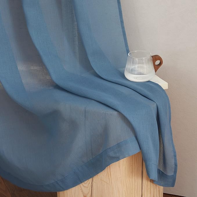 NICETOWN Flax Linen Sheer Curtains for Living Room, (Stone Blue) Grommet Vertical Drapes Semi Sheer Linen Curtains Privacy with Light Filtering for Villa/Farmhouse, W52 x L84, 1 Pair
