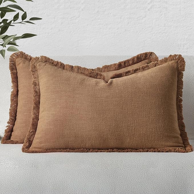 MIULEE Decorative Lumbar Throw Pillow Covers Neutral Linen Fringe Throw Pillows Set of 2 Brown Boho Farmhouse Cushion Covers with Tassels for Couch Sofa Bed Living Room Spring Home Decor 12x20 Inch