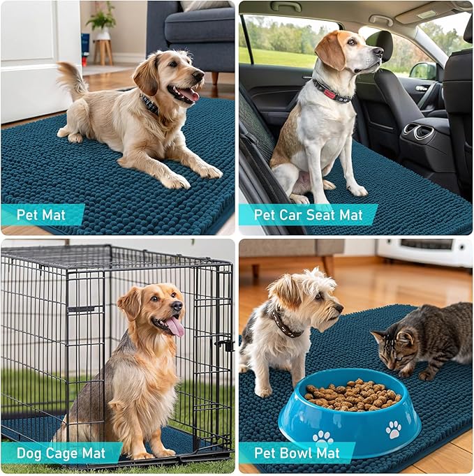 OLANLY Dog Door Mat for Muddy Paws 47x24, Absorbs Moisture and Dirt, Absorbent Non-Slip Washable Doormat, Quick Dry Chenille Mud Mat, Entry Indoor Entryway Carpet for Inside Floor, Atlantic Blue