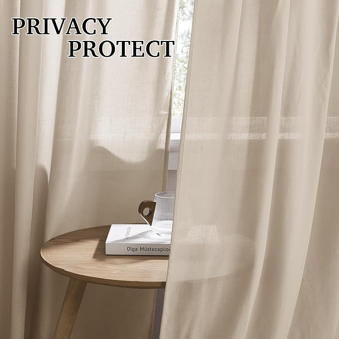RYB HOME Semi Sheer Curtains 84 inches 2 Panels Set, Faux Linen Texture Light Filtering Airy Half Privacy Gauze Curtain Cortina for Home Office Farmhouse, W 52 x L 84, Taupe