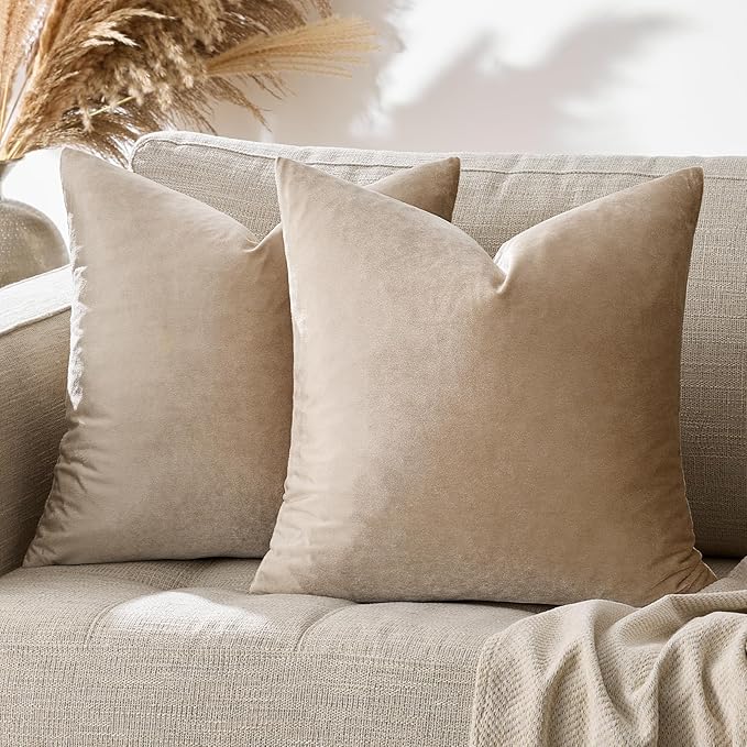 GIGIZAZA Decorative Throw Pillow Covers 20x20,Set of 2 Taupe Square Couch Pillow Covers,Velvet Sofa Boho Cushion Pillows