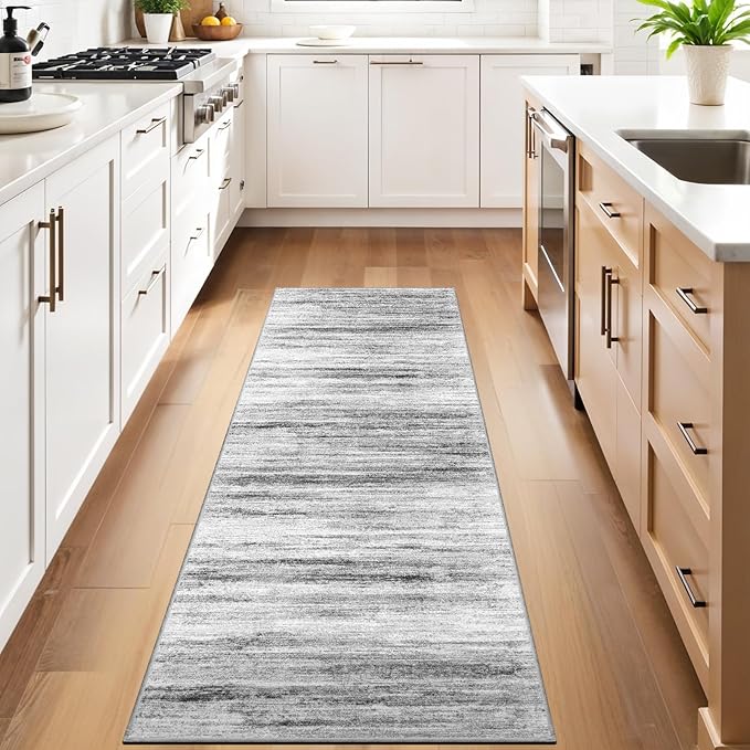 3x7 Washable Runner Rug for Family: Easy-to-Clean Runners for Hallway Entryway Kitchen Bedroom - Stain and Water Resistant Rugs with Non-Slip Backing - Soft Low-Pile Carpet Grey