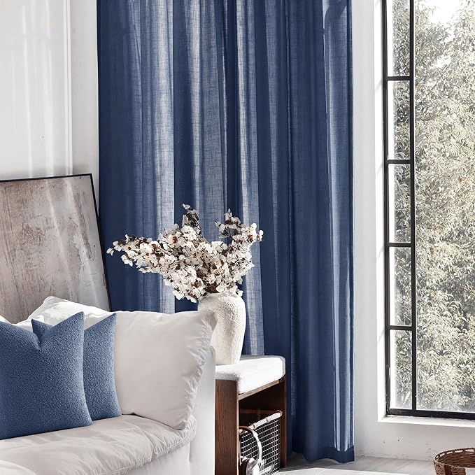 Navy Blue Curtains 80 inch Length for Bedroom Back Tab Light Filtering Semi Sheer Blue Living Room Curtains Linen Cotton Textured Indigo Blue Drapery Panel Modern Farmhouse Aesthetic Decor Dark Blue
