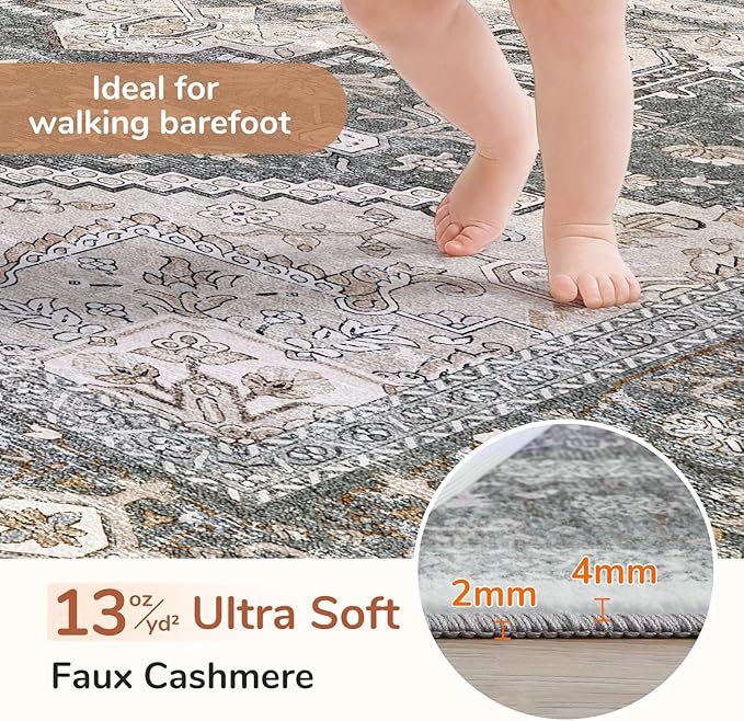 OPPODREAM Soft Entryway Rug 2x12, 2x12 Rug Runner, Washable Hallways Carpet 2 x 12 with Non Slip Backing, Low-Pile Bedside Carpet 2 x 12, Long, Faux Cashmere, Greenish Grey