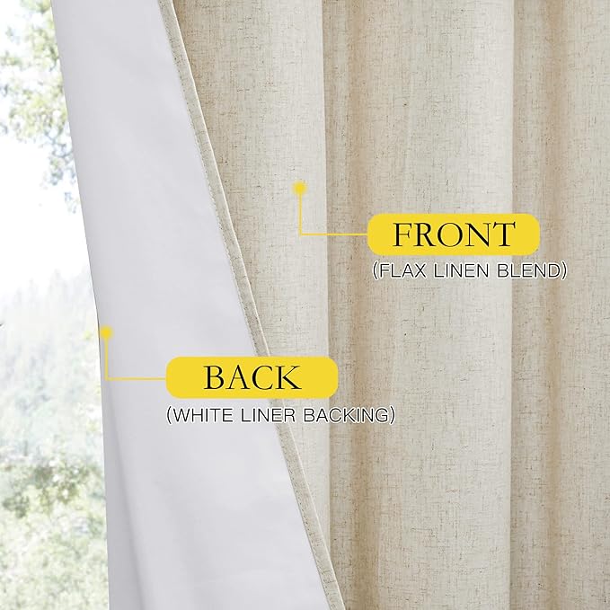 NICETOWN Natural Bedroom Full Blackout Linen Curtain Panels Set of 2, 42" by 72", Thick Insulated Classic Grommet Blackout Draperies with White Thermal Insulated Liner for Windows