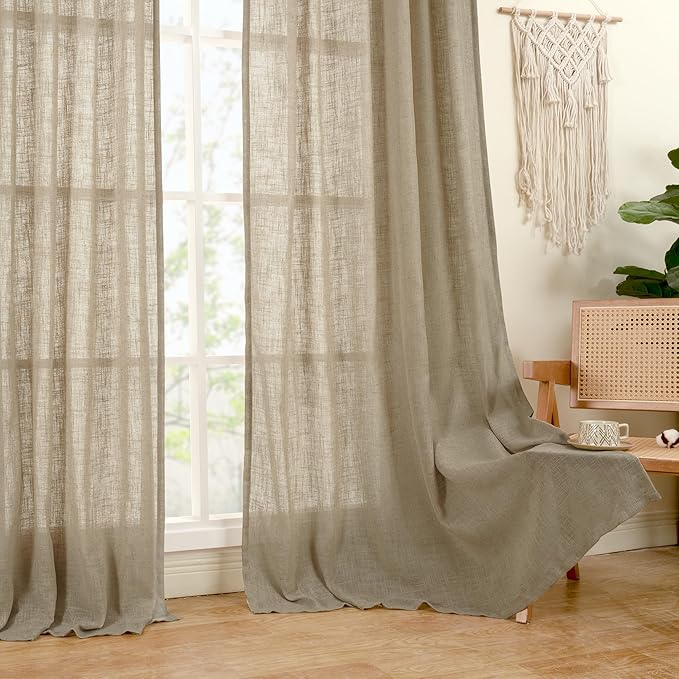 LAMIT Taupe 72 inch Linen Curtains for Living Room 2 Panels, Linen Textured Light Filtering Semi Sheer Back Tab and Rod Pocket Curtain Panels for Bedroom/Farmhouse, 52 x 72 Inch