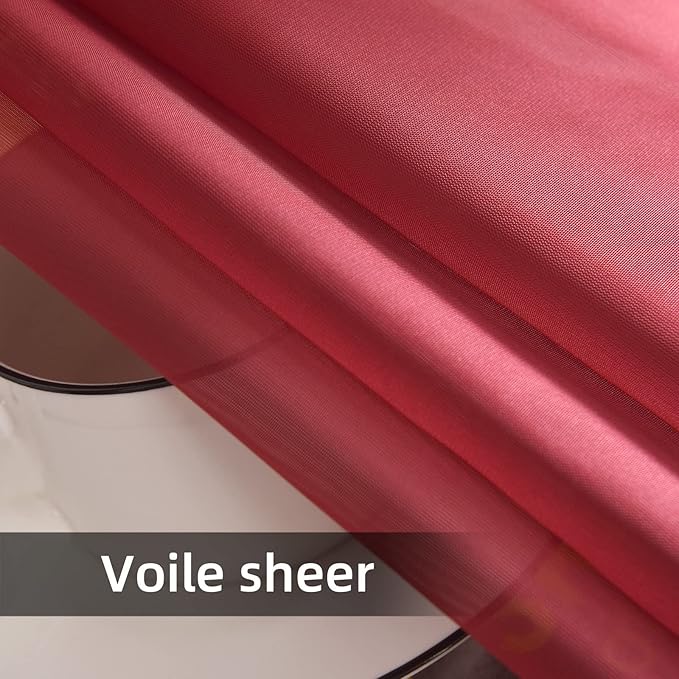 youleyar Solid Sheer Rod Pocket Curtain Voile Draperies 2 Panels White Beige Black Grey Coffee 52 Inch Width 84 Inch Long 1 Pair for Kitchen Bedroom Children Living Room Yard (Wine Red,52Wｘ84L)