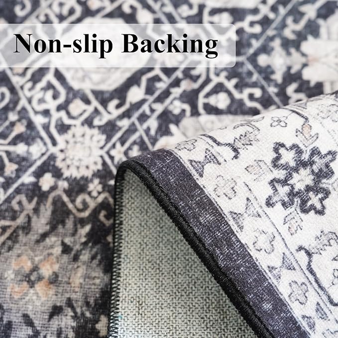 Hallway Washable Runner Rug - 2'6x14 Kitchen Rugs Entryway Rug Runner Vintage Soft Floor Mat Non Slip Indoor Farmhouse Carpet for Bathroom Living Room Bedroom (2'6''x14', Black)