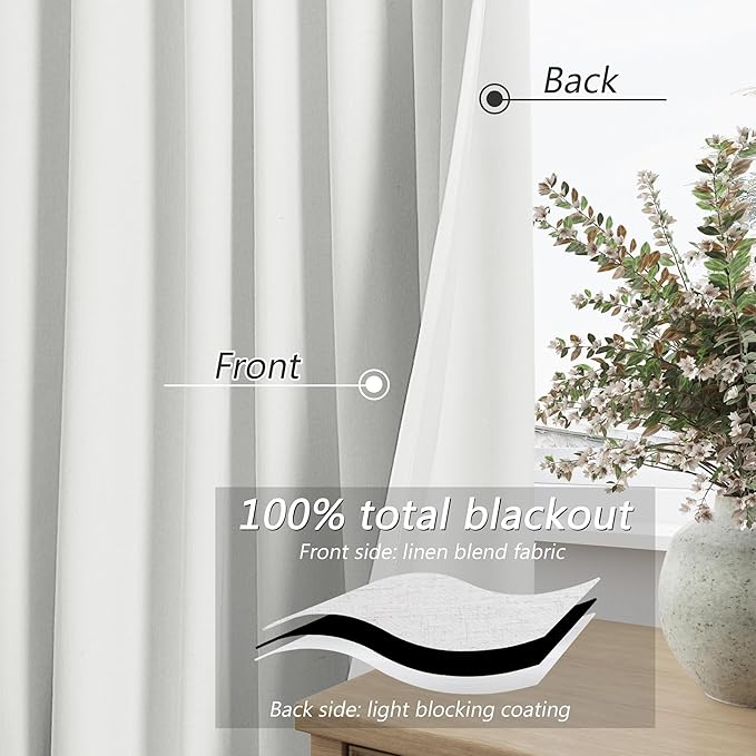 Guken White 100% Blackout Linen Curtains 42 Inch Wide by 102 Inch 2 Panels Set for Living Room Bedroom Back Tab Thermal Insulated Black Out Linen Drapes Room Darkening Window Curtains