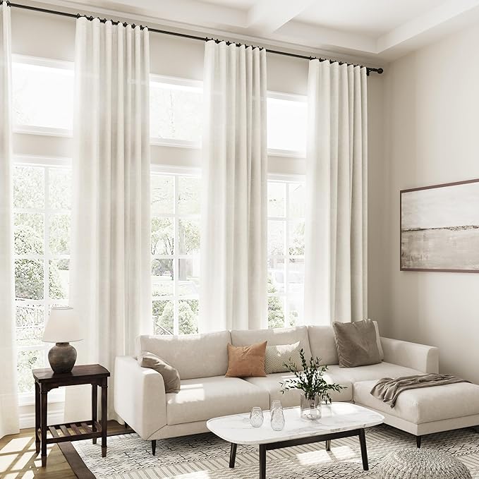 Linen Cream Curtains 143 Inch Extra Long for Living Room Back Tab Light Filtering Semi Sheer Drapes Modern Farmhouse Coastal Decor Cotton Textured Curtain for Floor to Ceiling Window 52x143