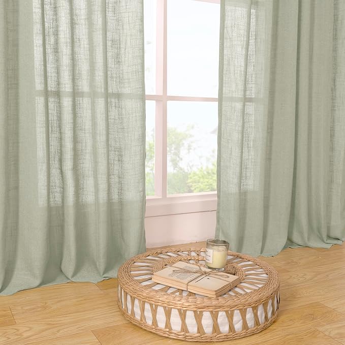 LAMIT Sage Grey Linen Curtains for Living Room 84 inch Length 2 Panels, Light Filtering Semi Sheer Curtains Back Tab and Rod Pocket Farmhouse Panels for Bedroom/Sliding Glass Door, 52 x 84 Inch