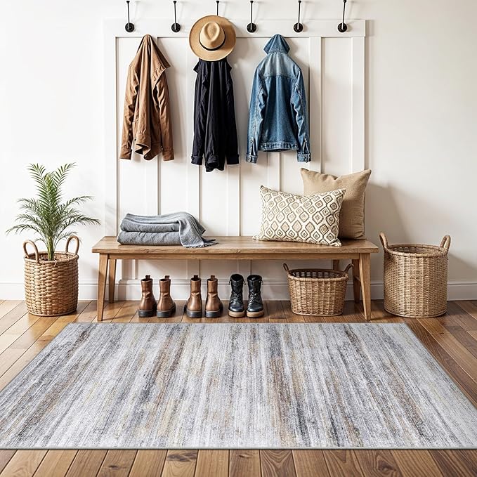 3x4 Rugs Washable Entry Rug: Easy-to-Clean Carpets for Large Entryway Hallway Kitchen Bedroom - Stain and Water Resistant Carpet with Non-Slip Backing - Soft Low-Pile Door Mat Beige Grey
