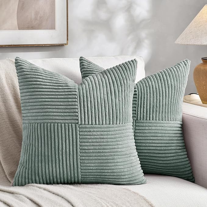 Fancy Homi 2 Packs Grey Blue Decorative Throw Pillow Covers 18x18 Inch for Couch Bed Sofa, Rustic Boho Farmhouse Home Decor, Soft Corss Corduroy Patchwork Textured Square Cushion Case 45x45 cm