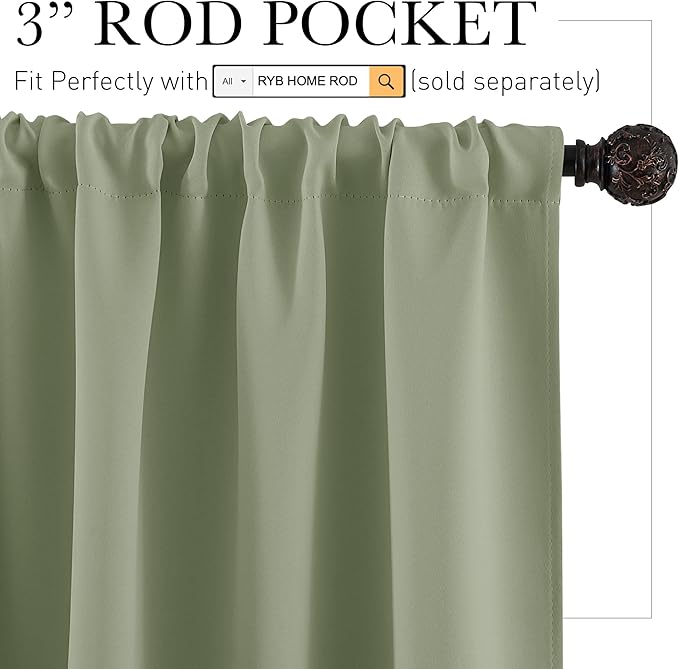 RYB HOME Blackout Cafe Curtains 30 inch Length, Short Light UV Heat Blocking Energy Saving Privacy Curtain Tiers for Basement Bathroom Kitchen Window, Width 29 by Length 30, Sage Green, 2 Panels