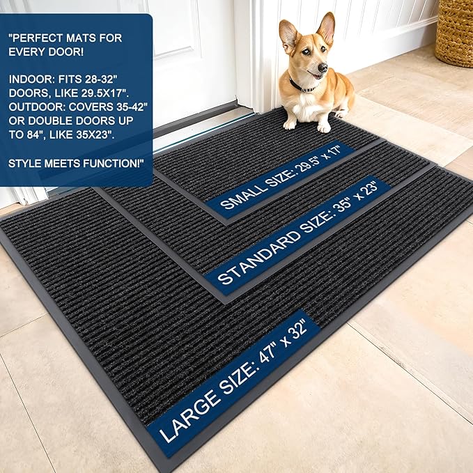 OLANLY Front Door Mat Indoor Outdoor Entrance, 2-Pack 47 x 23 Inch, Waterproof Heavy Duty Doormat, Fade Resistant, Low Profile, Easy Clean Patio Porch Welcome Floor Mats for Entry, Off-Black