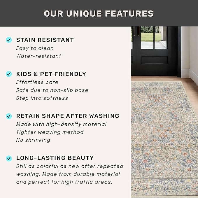 Hazo Haus Floral 3x8 Wide Hallway Runner - Beige Blue with Lilic Accent, Boho Forest Decor, Washable Low Pile Non Slip Stain Resistant Rug for Long Kitchen, Large Bathroom, Hall Way