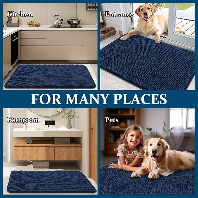 OLANLY Dog Door Mat for Muddy Paws 40x24, Absorbs Moisture and Dirt, Absorbent Non-Slip Washable Doormat, Quick Dry Chenille Mud Mat for Dogs, Entry Indoor Entryway Carpet for Inside Floor, Dark Blue