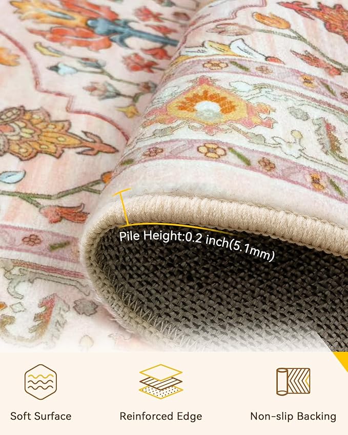 Area Rugs 8'x10' Washable Non-Slip, Floral Vintage Distress Print Pattern Medallion Carpet for Living Room Bedroom Dining Room, Light Pink Colorful