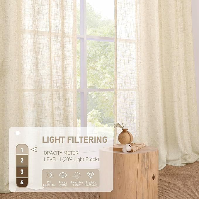 LAMIT Beige Linen Curtains for Living Room 78 Inch Length, Faux Linen Textured Light Filtering Drapes Semi Sheer Bronze Grommet Boho Panels for Farmhouse/Bedroom/Porch, 52 x 78 Inch