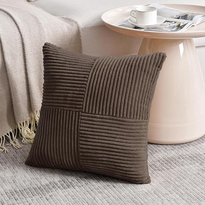 Fancy Homi 2 Packs Dark Brown Decorative Throw Pillow Covers 20x20 Inch for Living Room Couch Bed Sofa, Rustic Farmhouse Boho Home Decor, Soft Corss Corduroy Patchwork Accent Cushion Case 50x50 cm