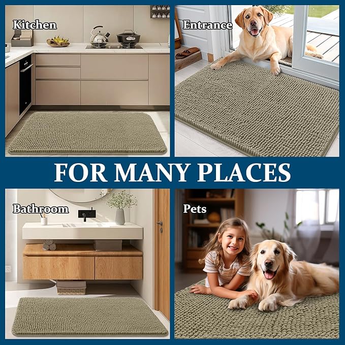 OLANLY Dog Door Mat for Muddy Paws 59x32, Absorbs Moisture and Dirt, Absorbent Non-Slip Washable Doormat, Quick Dry Chenille Mud Mat, Entry Indoor Entryway Carpet for Inside Floor, Warm Taupe