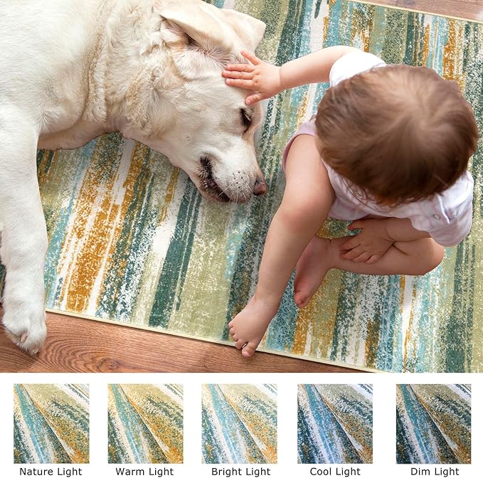 Lansny Modern Abstract Runner Rug 3x8, Green Mustard Multi Washable Kitchen Runner Non-Slip Soft Hallway Rug Runner Thin Print Faux Wool Carpet for Entryway Bedroom Laundry Room Indoor Home Office