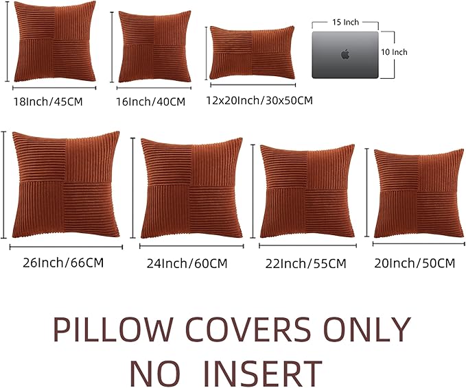 Fancy Homi 2 Packs Rust Euro Decorative Throw Pillow Covers 28x28 Inch for Bedroom Bed, Farmhouse Boho Home Decor, Soft Corss Corduroy Patchwork Textured Square Terracotta Cushion Case 71x71 cm