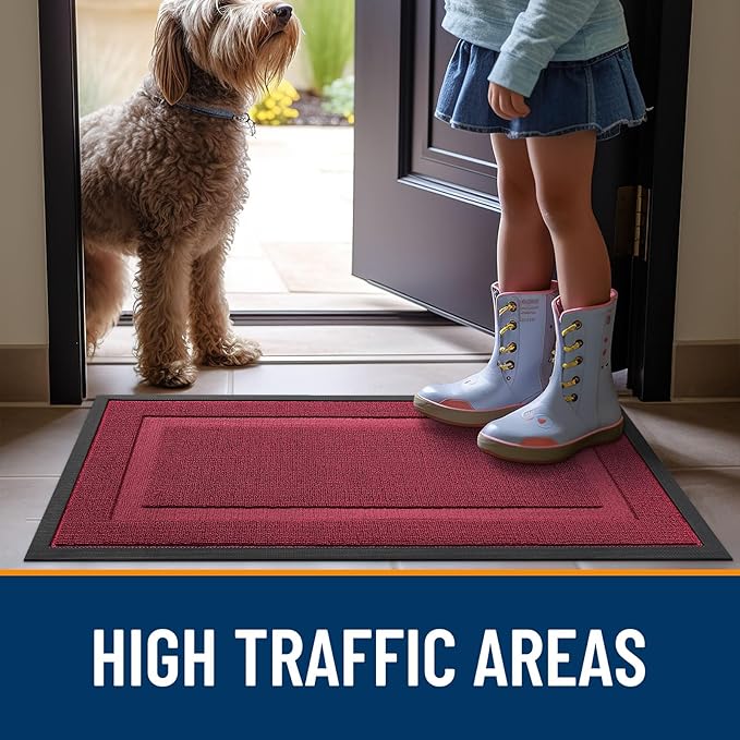 OLANLY Front Door Mat Indoor Outdoor Entrance, Waterproof All-Season, All-Weather Doormat, Sturdy Natural Rubber, Low Profile, Easy Clean Patio Porch Entryway Mat, 47x23, Burgundy