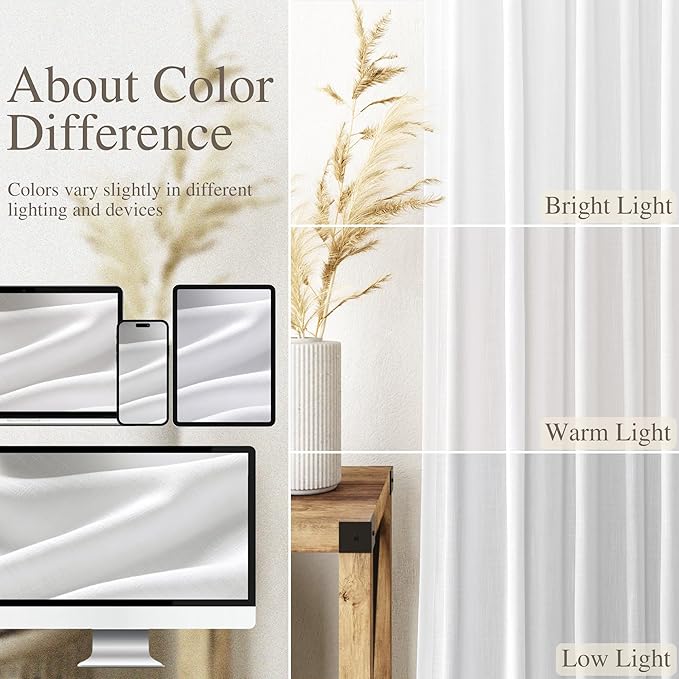 Nanspring White Linen Curtains 142 Inches Long for Living Room Farmhouse Extra Long Back Tab Curtains Light Filtering Semi Sheer Linen Drapes Ceiling to Floor for Large Window 2 Panels Set 52x142