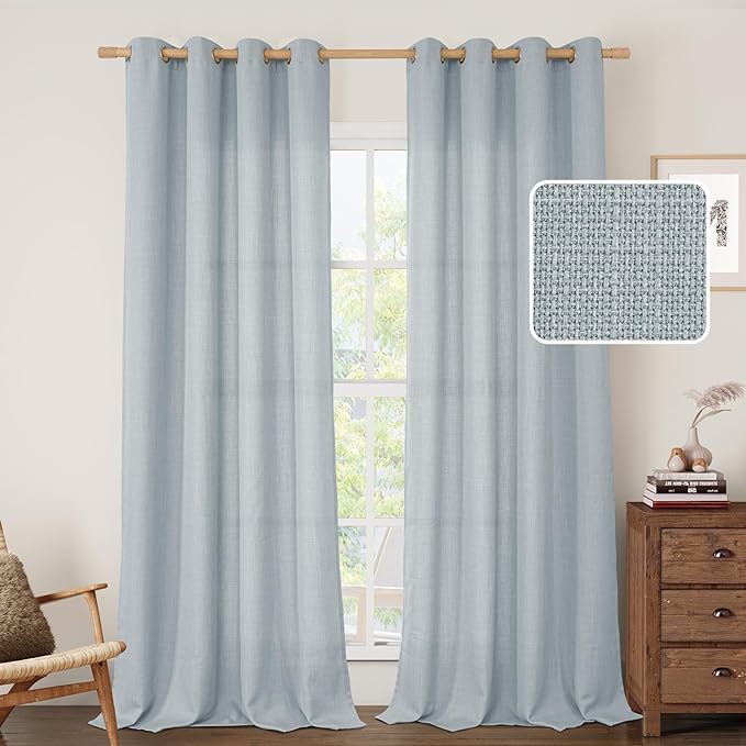 LAMIT Linen Curtains 90 Inch for Bedroom, Grommet Thick Linen Textured Sheer Curtains Light Filtering Privacy Window Drapes for Living Room, Set of 2 Panels, 52 x 90 Inch, Haze Blue