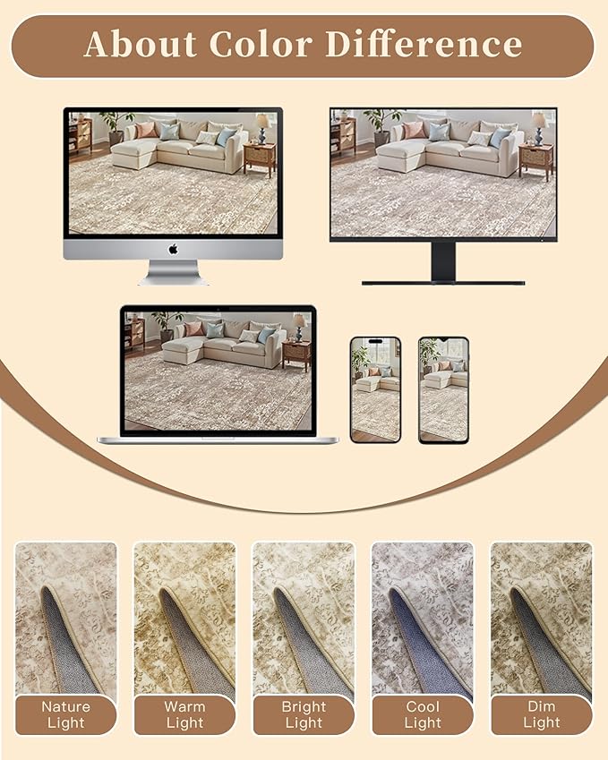 Madane 5x7 Area Rugs for Living Room, Washable Vintage Natural Rug with Non-Slip Backing, Soft Floral Print Throw Rugs Floor Low Pile Carpet for Bedroom Dining Room Farmhouse (5 x 7, Beige/Brown)