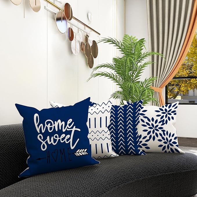 YCOLL Pillow Covers 22x22 Set of 4, Modern Sofa Throw Pillow Cover, Decorative Outdoor Linen Fabric Pillow Case for Chair Sofa Couch Bed Car, Dark Blue