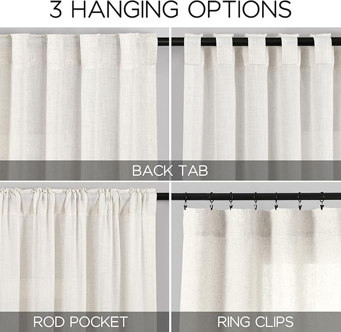 Nanspring Beige White Linen Curtains 102 Inches Long Rod Pocket Back Tab Drapes 2 Panels Set for Living Room Light Filtering Semi Sheer Beige White Curtain 102 Length for Patio Door Bedroom 52x102