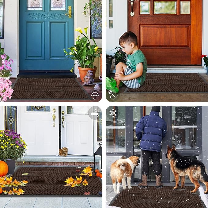 Smiry Front Door Mat Outside Entrance, Heavy Duty Sturdy Natural Rubber Doormat, Trap Dirt and Moisture, Easy Clean Low Profile Mats for Indoor Outdoor Entry, Irregular Triangle (59x40, Dark Brown)