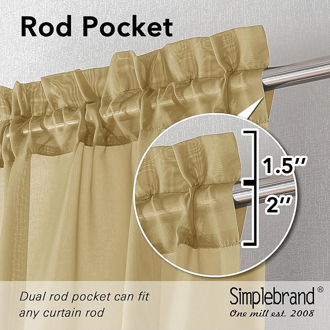 Simplebrand Gold Sheer Curtains, 72" Length, 2 Panels Set - Light Filtering, Rod Pocket Window Curtains for Bedroom (Gold, 59" W x 72" L)