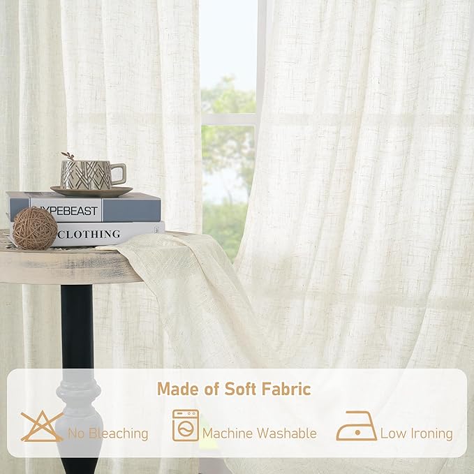 LAMIT Semi Sheer Cream Linen Curtains 36 Inch Length 2 Panels, Light Filtering Panels Back Tab and Rod Pocket Neutral Drapes for Bathroom/Kitchen/Loft Room, 34 x 36 Inch