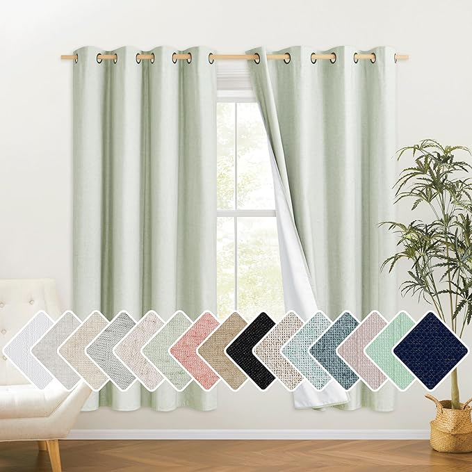 NICETOWN Sage Green High-End Thermal Flax Linen Curtains, 52" Wide Per Panel, Set of 2, Full Blackout Privacy Drapes 72 Inches Long for Dining Room, Soundproof Window Treatment Panels for Hall Room
