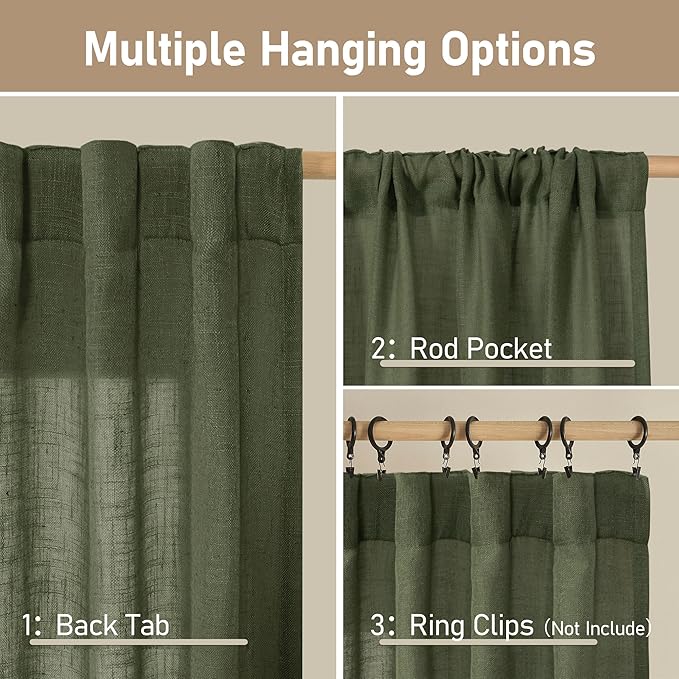 LAMIT 48 Inch Short Window Linen Curtains, Light Filtering Panels Back Tab and Rod Pocket Neutral Christmas Drapes for Cafe/Bathroom/Loft Room, Olive Green, 2 Panels, 34 x 48 Inch
