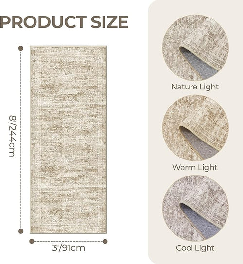 3x8 Runner Rug Non Slip Washable for Entryway, Vintage Hallway Runner for Front Porch, Laundry Room, Bedroom, Abstract Stain Resistant Thin Indoor Kitchen Mats for Floor(3'x8', Brown/Ivory)