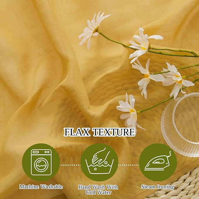 NICETOWN Semi Sheer Gold Curtains 96 inches Long, Grommet Linen Weave Vintage Vertical Drapes Privacy with Light Filtering for Living Room/Farmhouse, Citrine, 2 Panels, W52 x L96