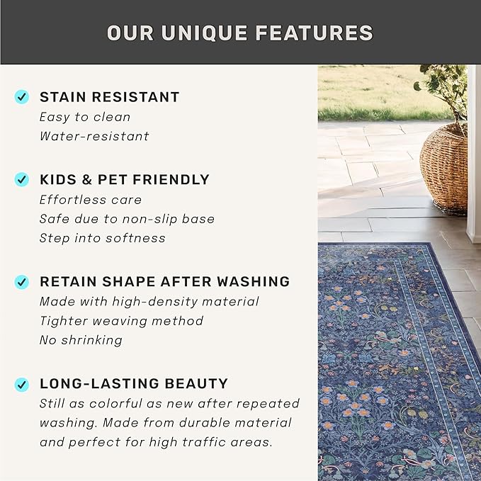 Hazo Haus Dark Blue Living Room Rug 8x10, Vintage Floral Washable Area Rugs for Bedroom, Dining Room Under Kitchen Table, Oriental Low Pile Stain Resistant Non-Slip Large Navy Decor