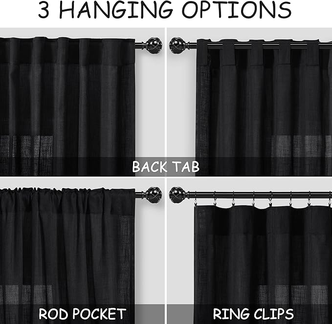 Black Kitchen Curtains 36 Inch Length Set 2 Panel Back Tab Pocket Semi Sheer Light Filtering Short Drapes Linen Modern Farmhouse Curtain Tiers for Cafe Bathroom Basement Small Window 52x36
